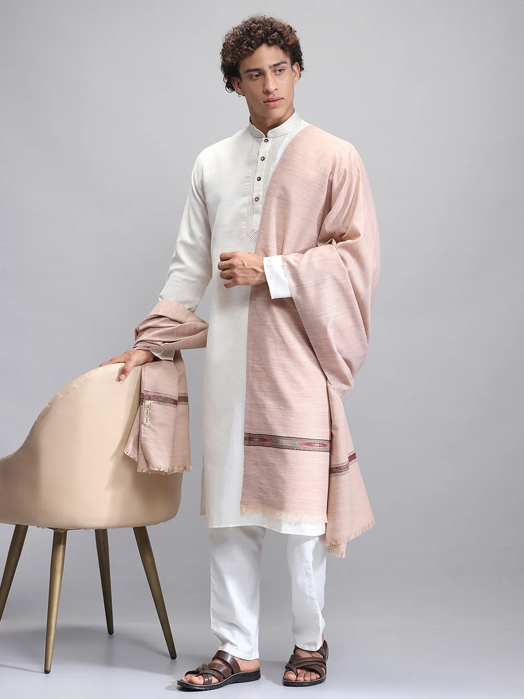Men Beige Self Design Lohi Shawl - Image 2