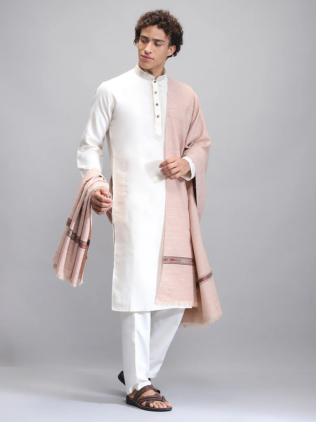 Men Beige Self Design Lohi Shawl - Image 4