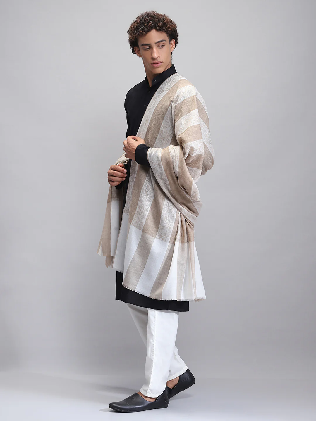 Men Beige Self Design Lohi Shawl - Image 3