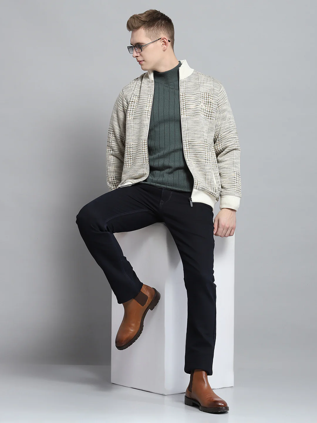 Men Beige Self Design Mock Neck Full Sleeve Jacket - Image 2