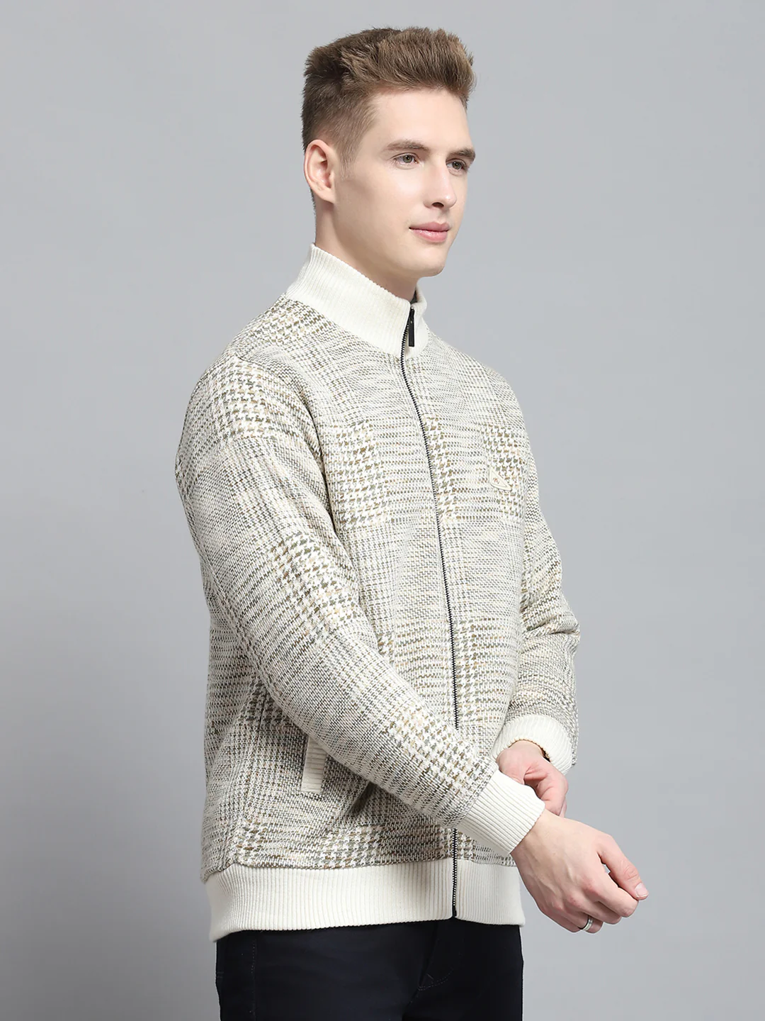 Men Beige Self Design Mock Neck Full Sleeve Jacket - Image 4
