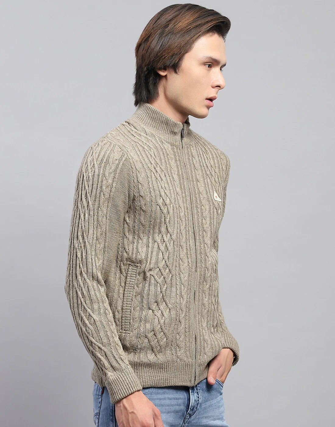 Men Beige Self Design Mock Neck Full Sleeve Jacket - Image 4