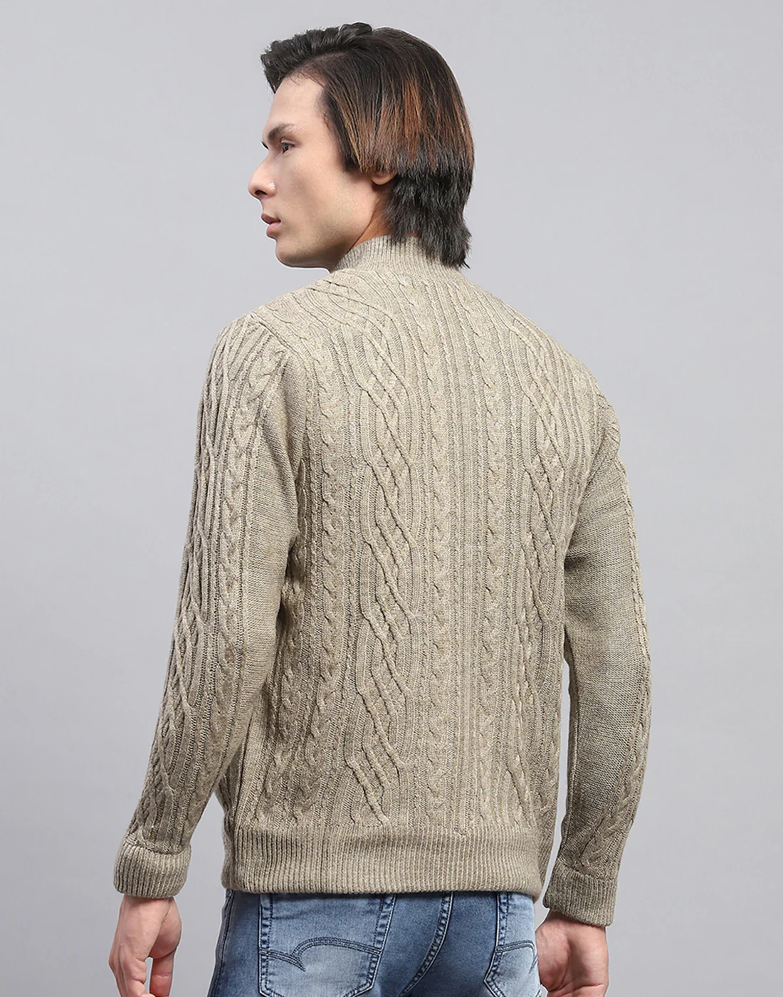 Men Beige Self Design Mock Neck Full Sleeve Jacket - Image 5