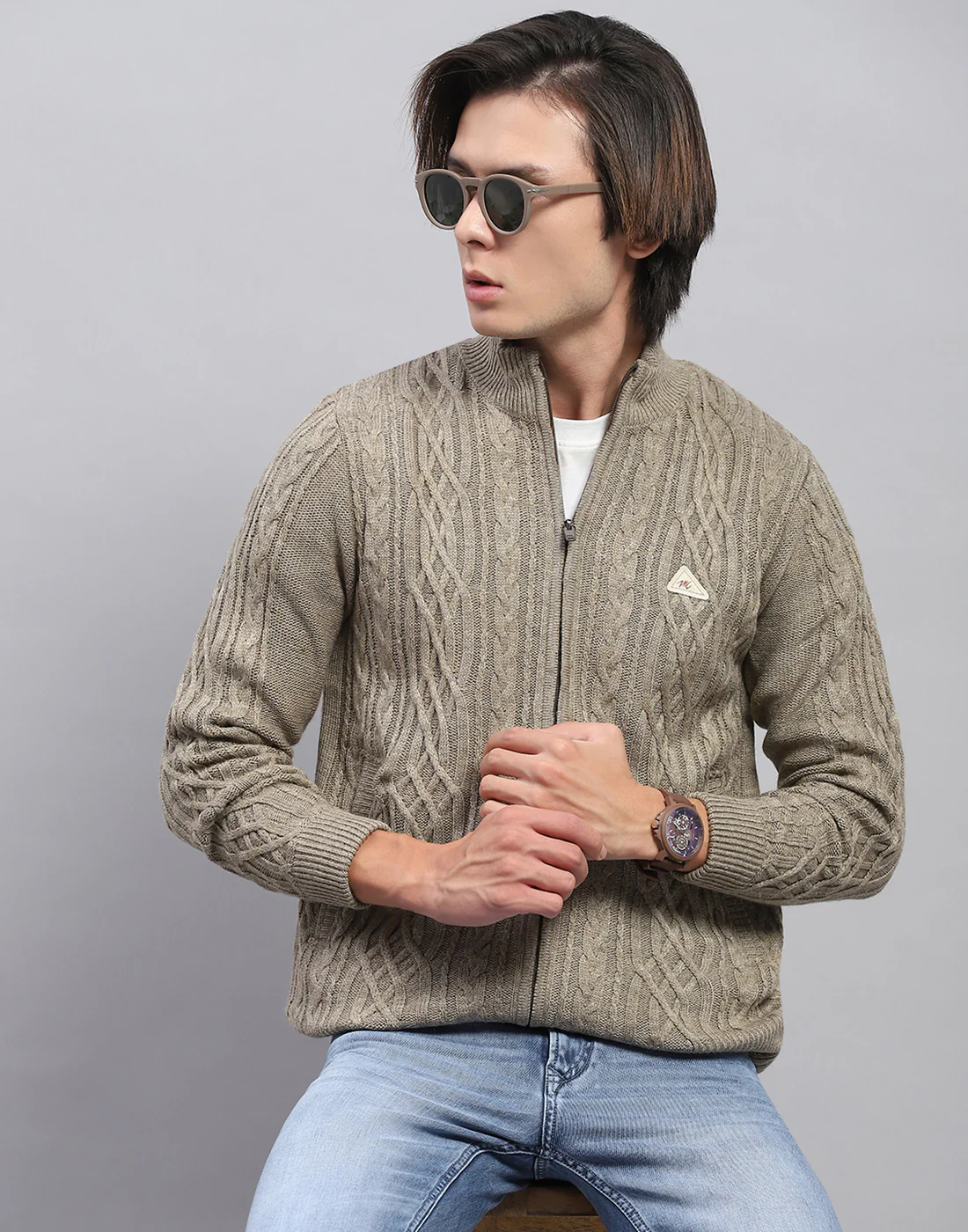 Men Beige Self Design Mock Neck Full Sleeve Jacket - Image 6