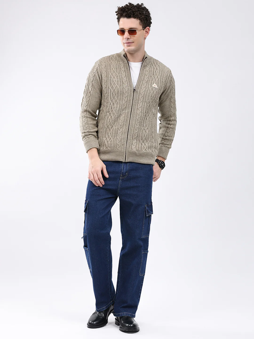Men Beige Self Design Mock Neck Full Sleeve Jacket - Image 2