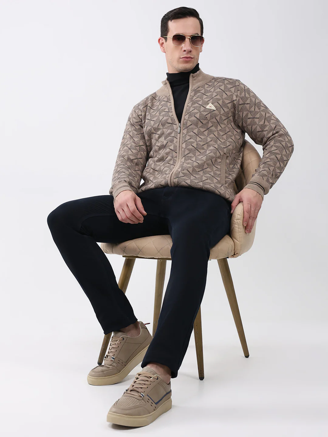 Men Beige Self Design Mock Neck Full Sleeve Pullover - Image 2