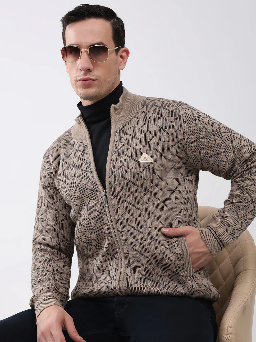 Men Beige Self Design Mock Neck Full Sleeve Pullover - Image 6