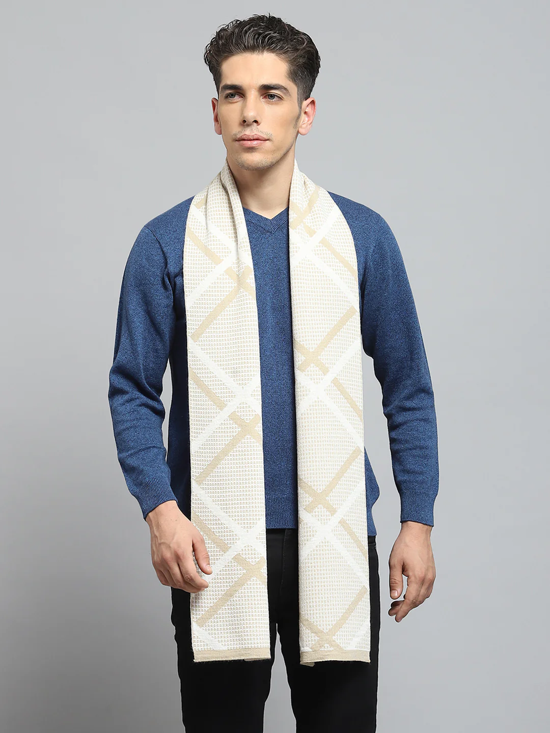 Men Beige Self Design Muffler - Image 5