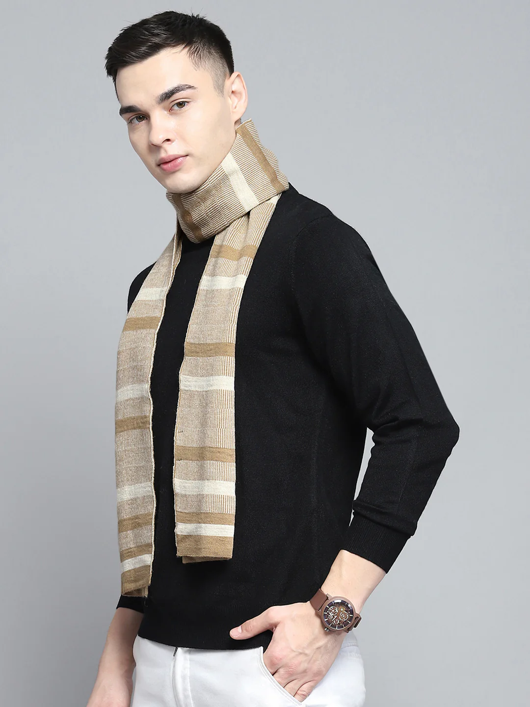 Men Beige Self Design Muffler - Image 3