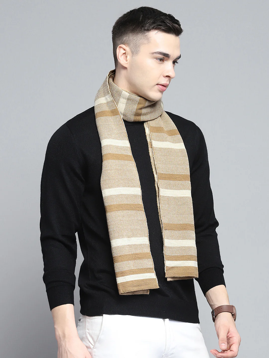 Men Beige Self Design Muffler - Image 4