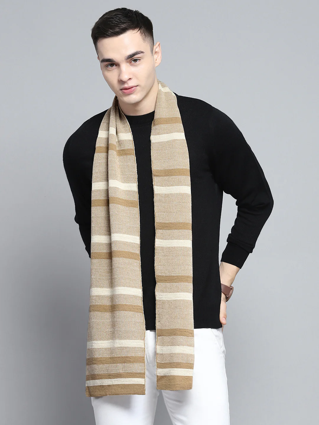 Men Beige Self Design Muffler - Image 5