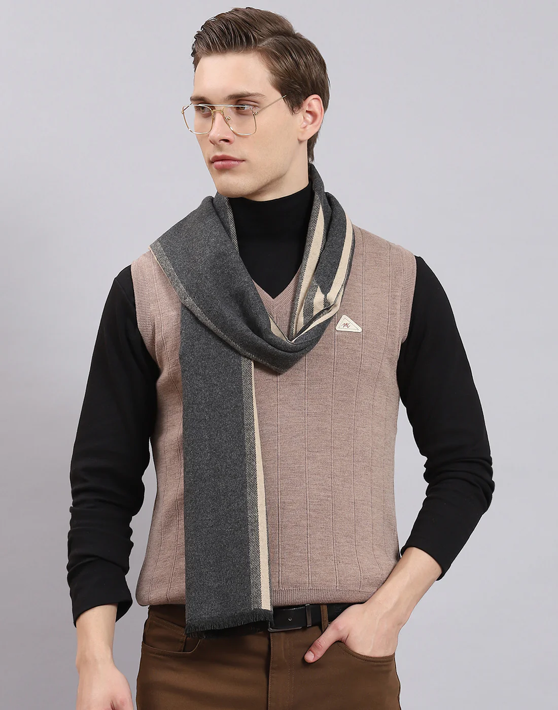 Men Beige Self Design Muffler - Image 2