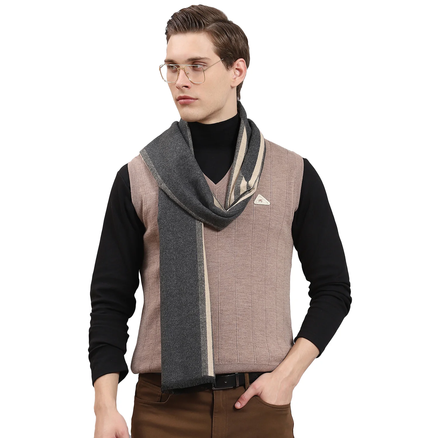 Men Beige Self Design Muffler - Image 5