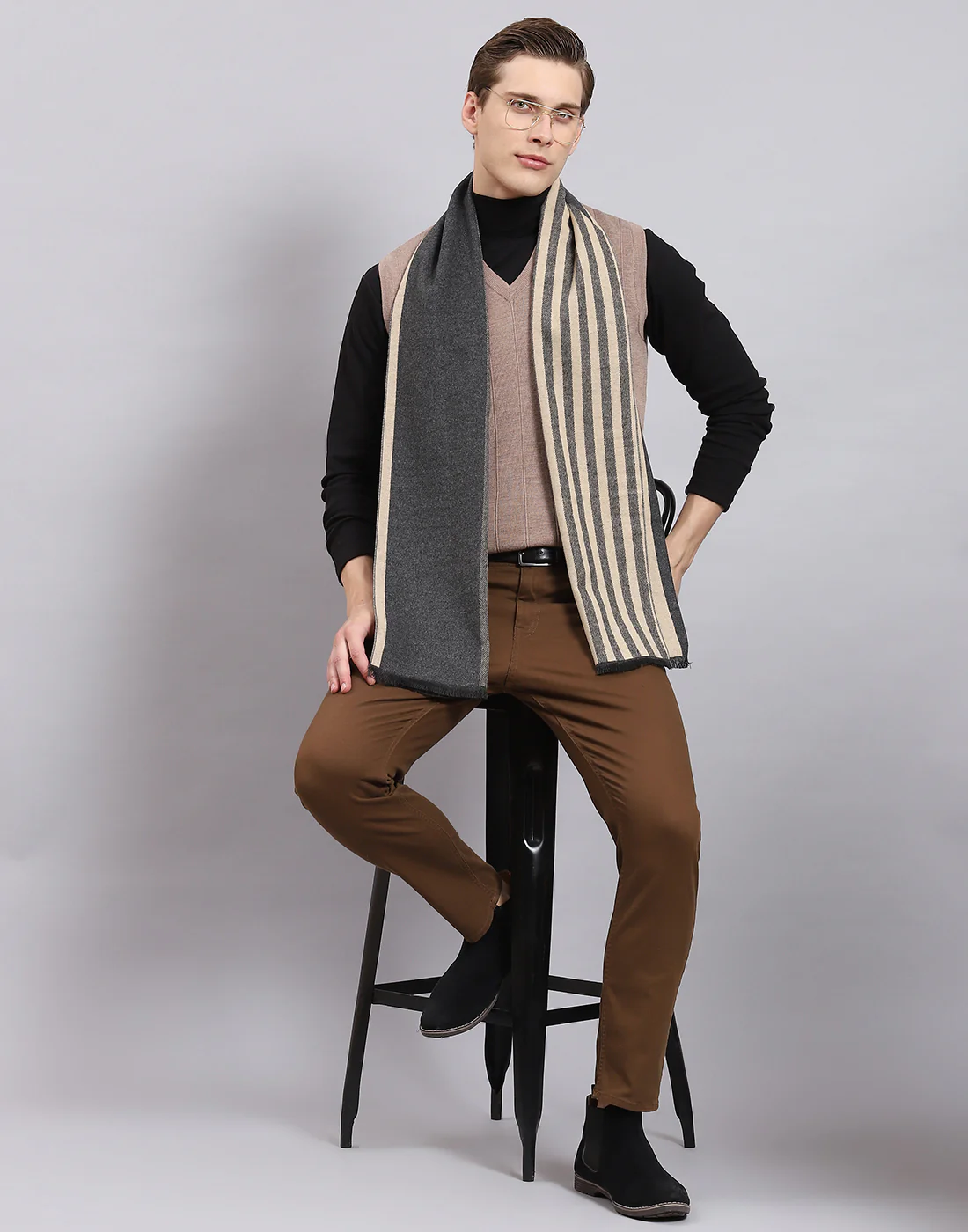 Men Beige Self Design Muffler - Image 6