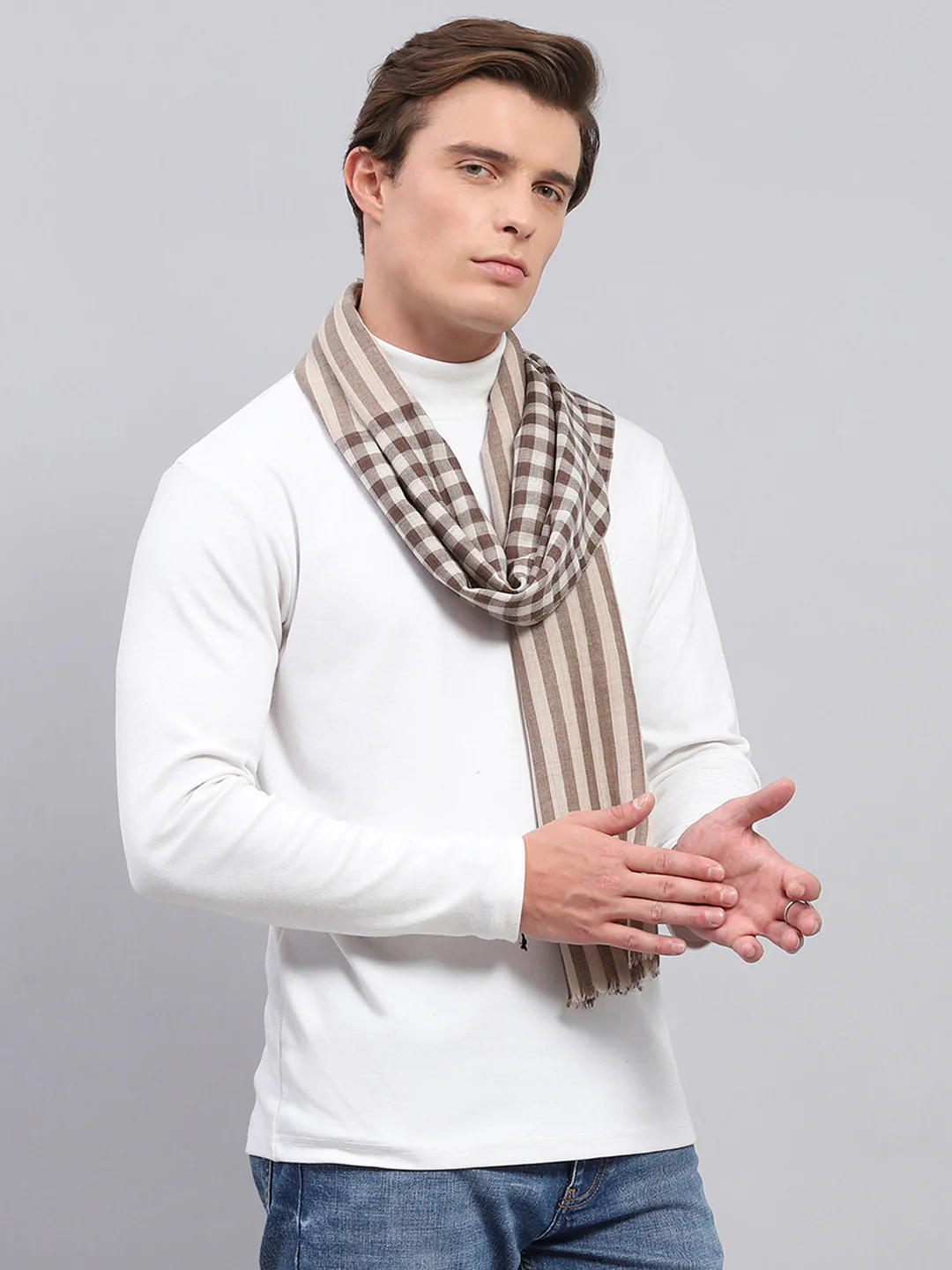 Men Beige Self Design Muffler - Image 3