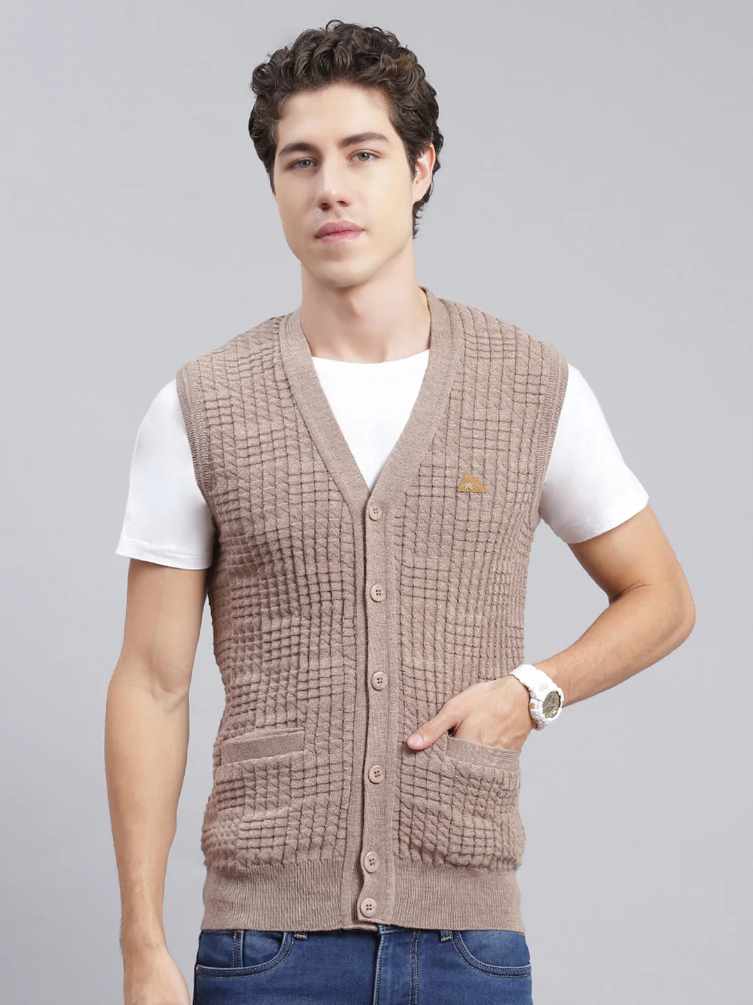 Men Beige Self Design Pure wool Cardigan - Image 2