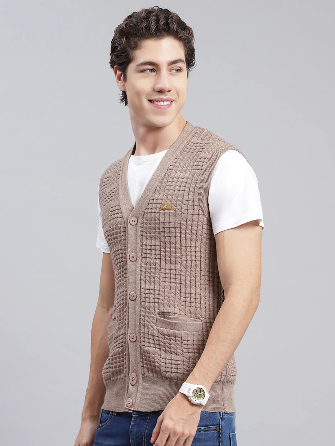 Men Beige Self Design Pure wool Cardigan - Image 4