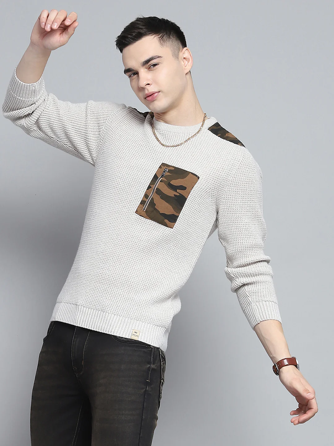 Men Beige Self Design Round Neck Full Sleeve Pullover - Image 6