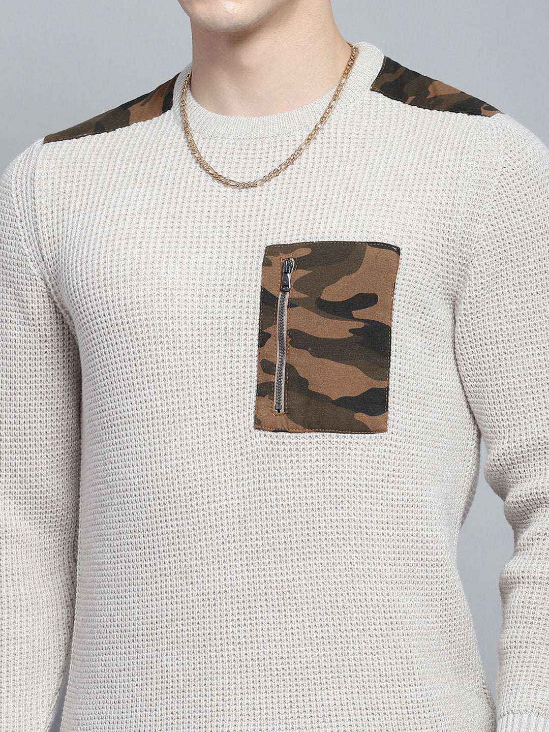 Men Beige Self Design Round Neck Full Sleeve Pullover - Image 7