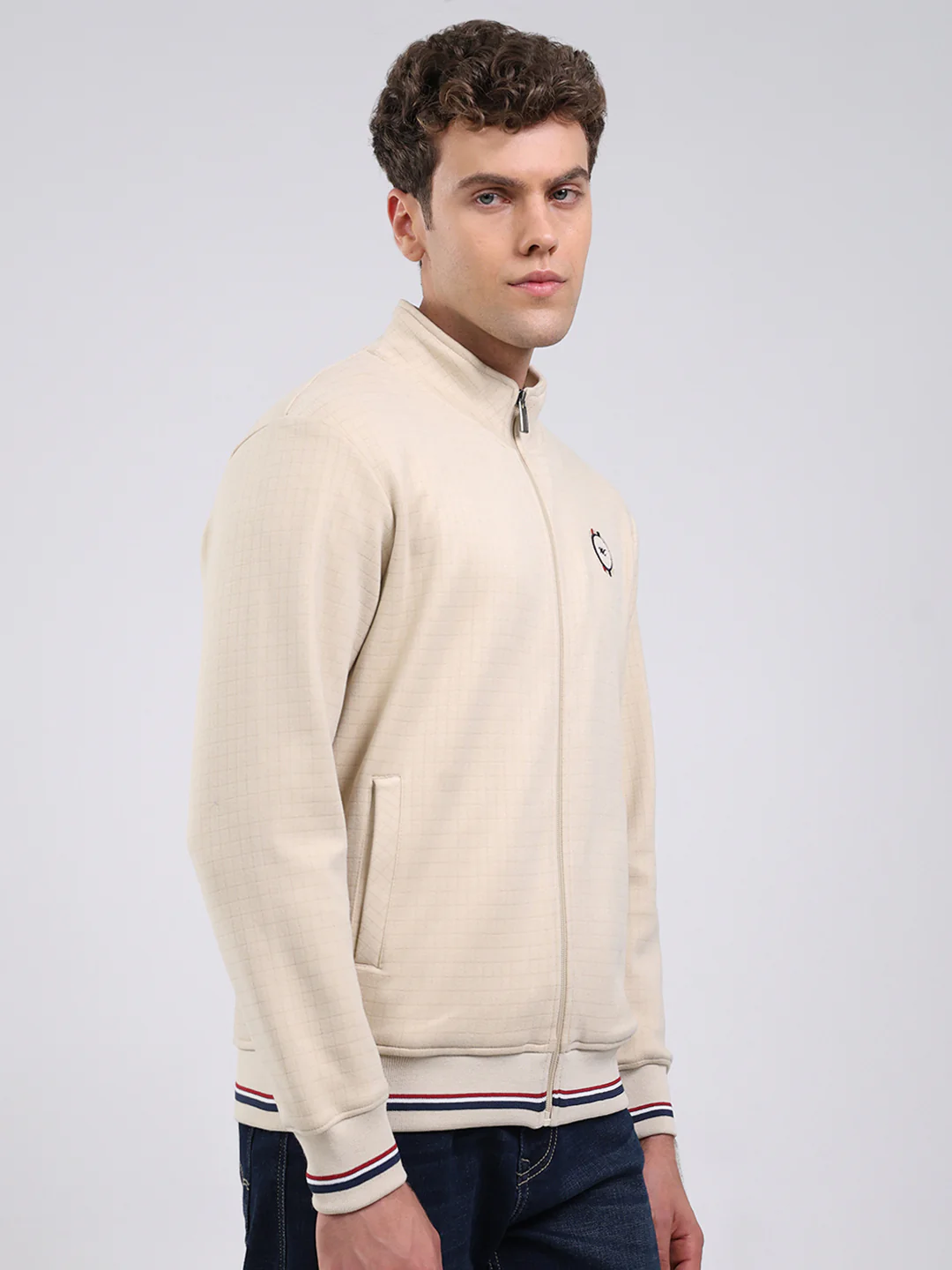 Men Beige Self Design Ultra Warm Collar Sweatshirt - Anti-Pilling Fabric - Image 4
