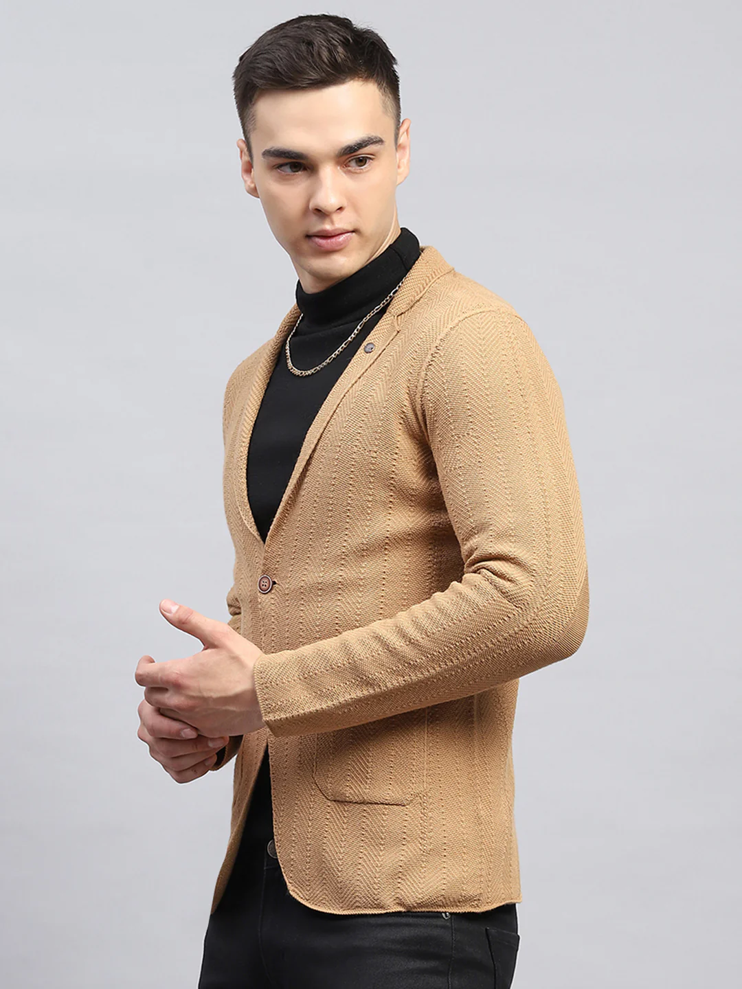 Men Beige Self Design V Neck Full Sleeve Coat - Image 3