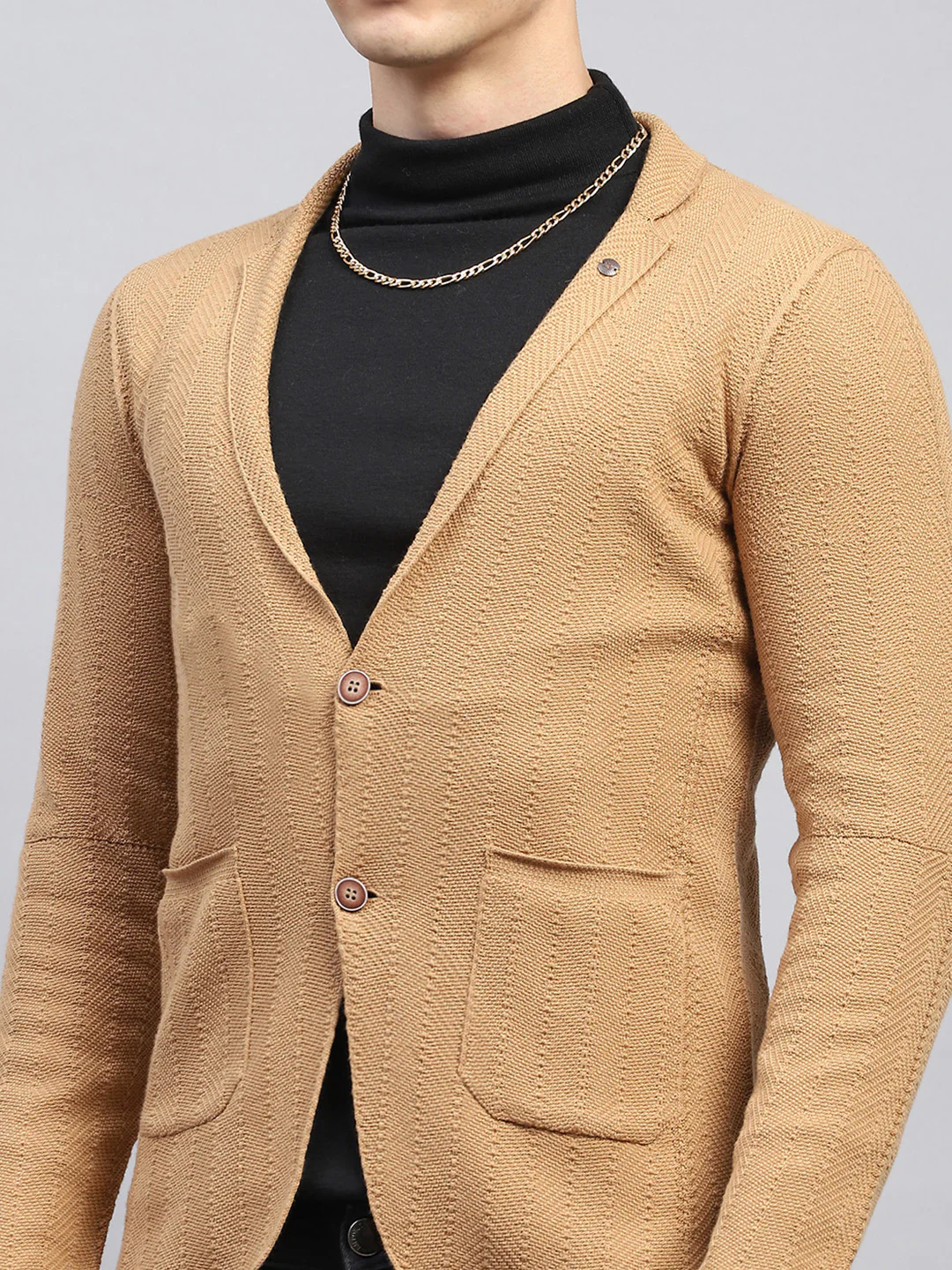 Men Beige Self Design V Neck Full Sleeve Coat - Image 7