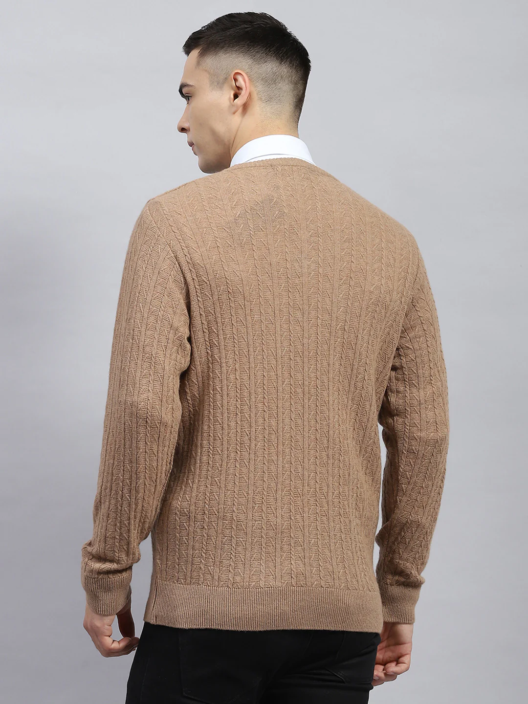 Men Beige Self Design V Neck Full Sleeve Pullover - Image 5