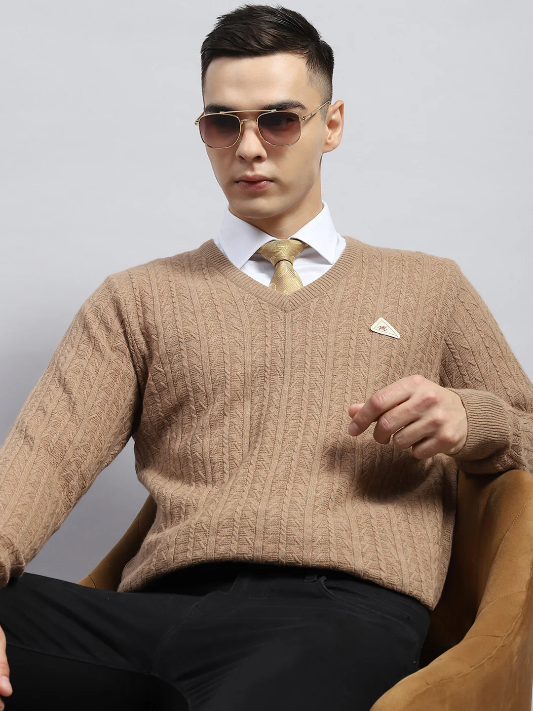 Men Beige Self Design V Neck Full Sleeve Pullover - Image 6