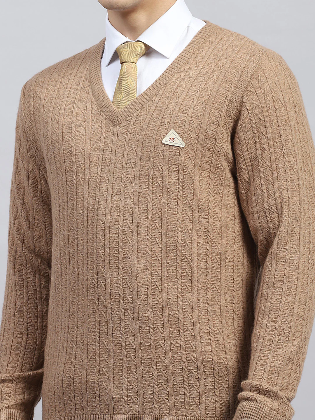 Men Beige Self Design V Neck Full Sleeve Pullover - Image 7