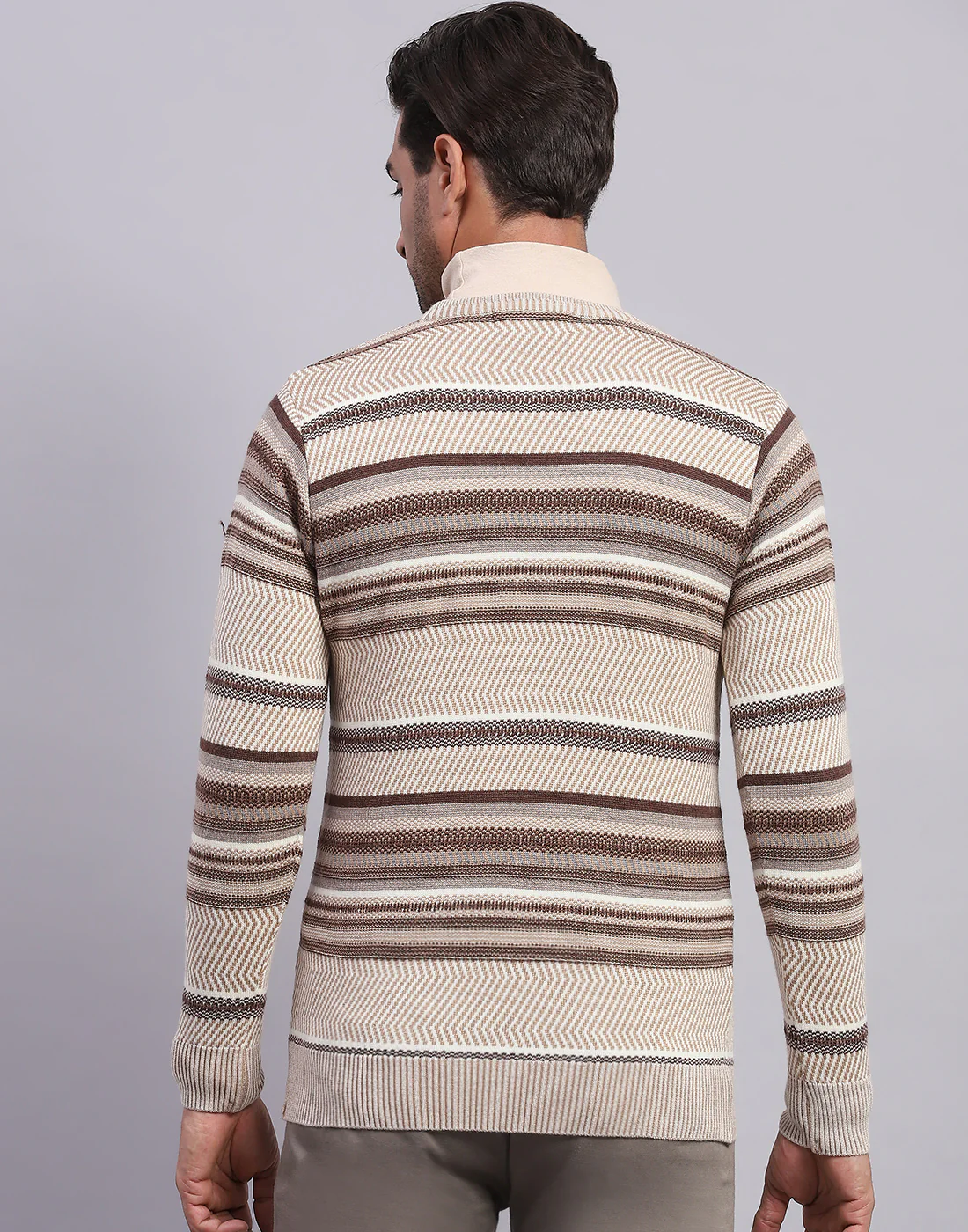 Men Beige Self Design V Neck Full Sleeve Pullover - Image 5