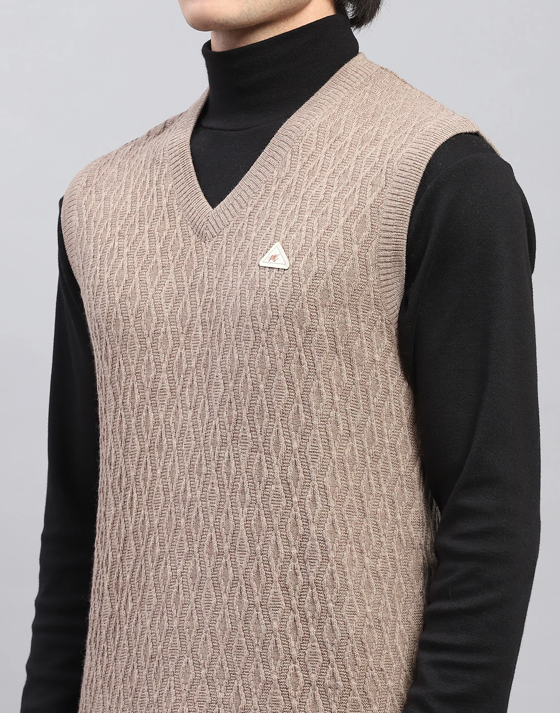 Men Beige Self Design V Neck Sleeveless Sweater - Image 6