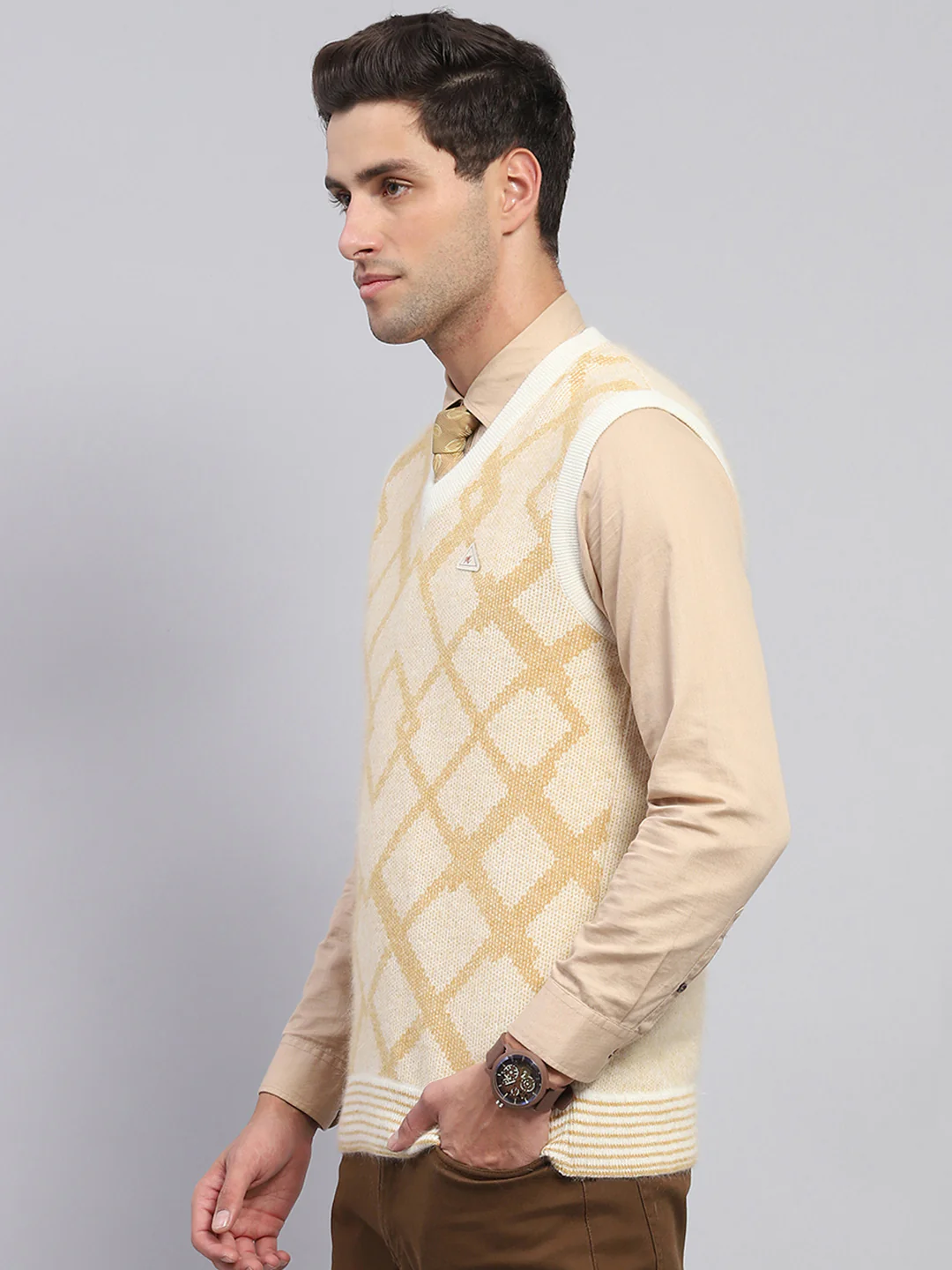Men Beige Self Design V Neck Sleeveless Sweater - Image 3