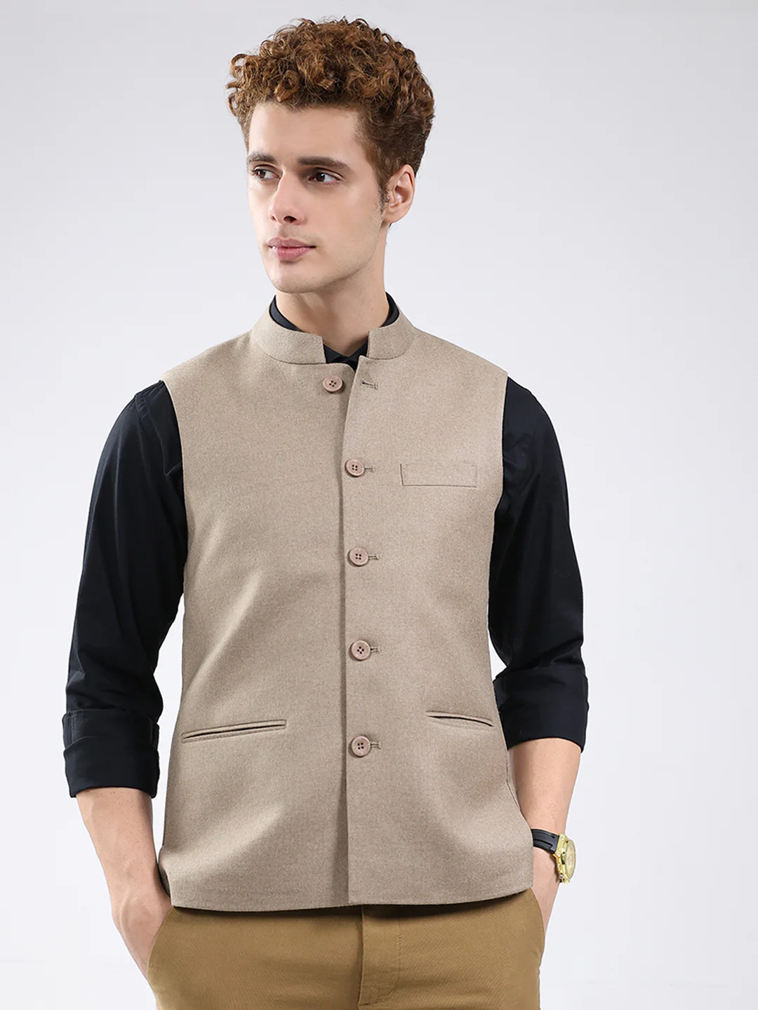 Men Beige Solid Band Neck Sleeveless Jacket