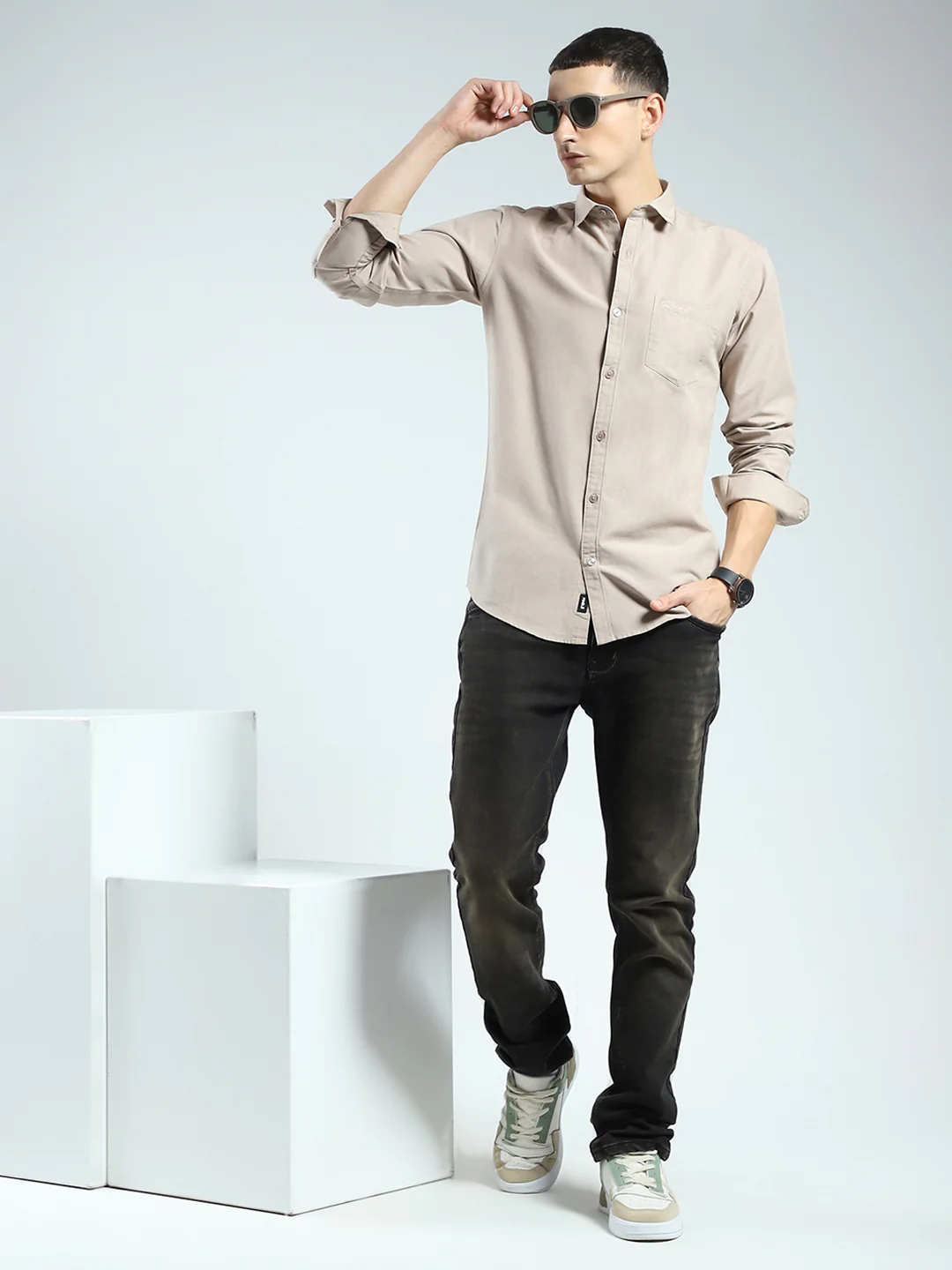 Rock.it Men Beige Solid Collar Full Sleeve Shirt - Image 2