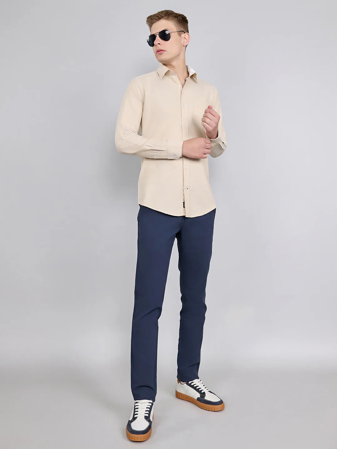Men Beige Solid Collar Full Sleeve Shirt - Image 6