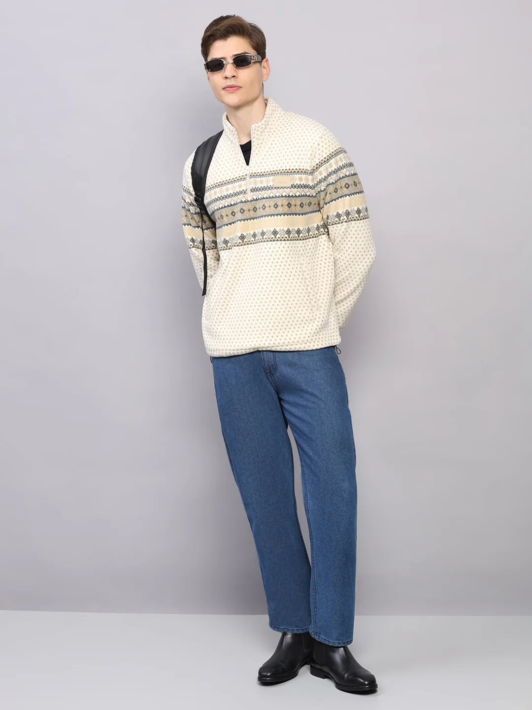 Men Beige Solid Collar Full Sleeve Sweatshirt - Image 2
