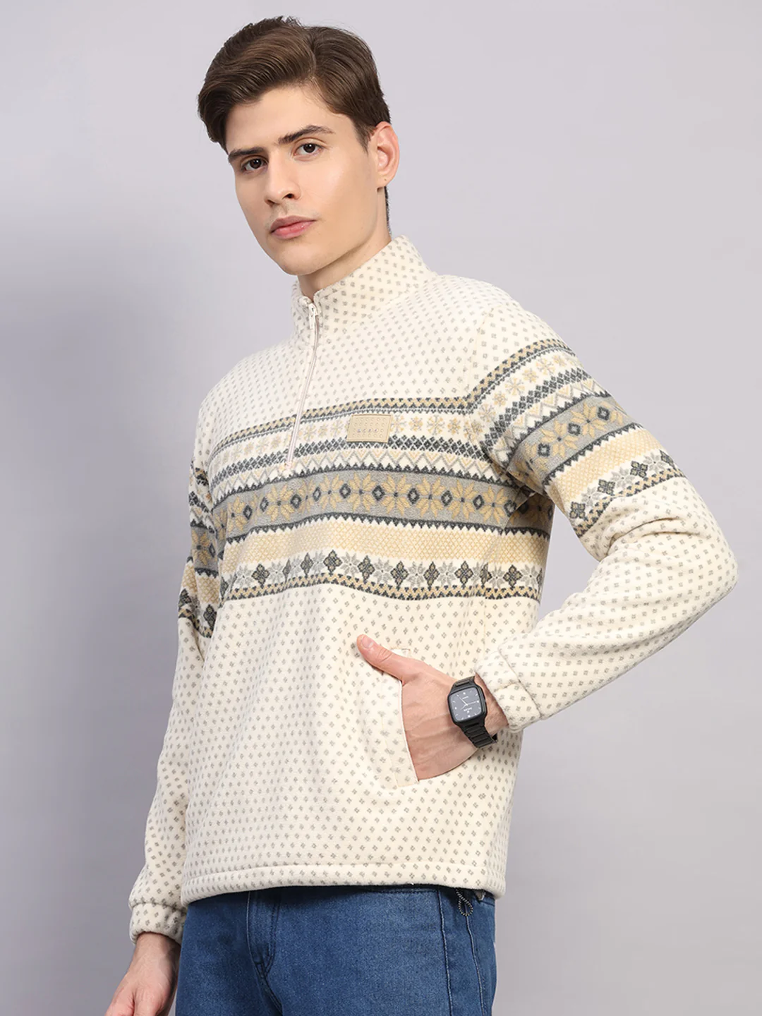 Men Beige Solid Collar Full Sleeve Sweatshirt - Image 3