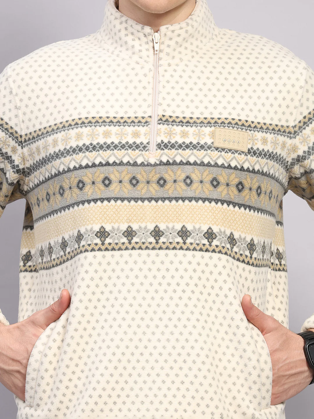 Men Beige Solid Collar Full Sleeve Sweatshirt - Image 6