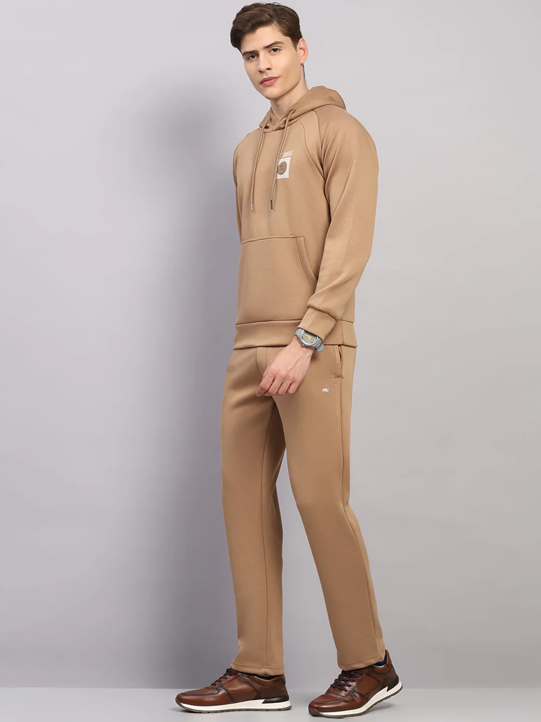 Men Beige Solid Collar Full Sleeve Winter Tracksuit - Image 3