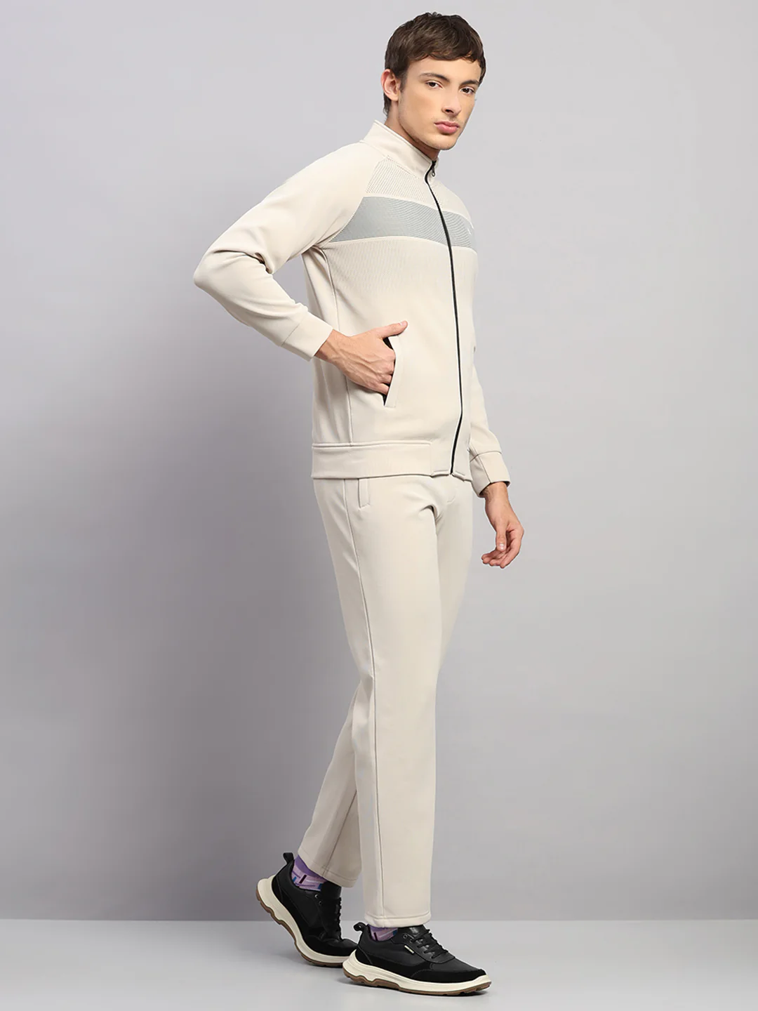 Luxuria Men Beige Solid Collar Full Sleeve Winter Tracksuit - Image 4