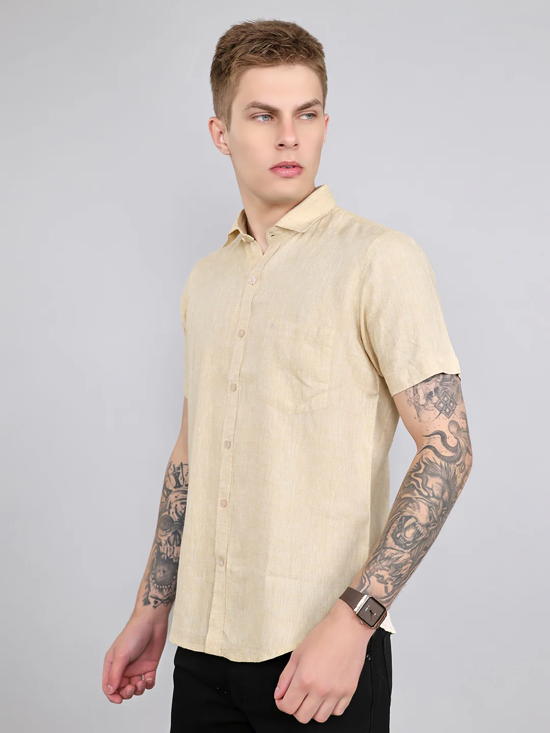 Men Beige Solid Collar Half Sleeve Shirt - Image 2