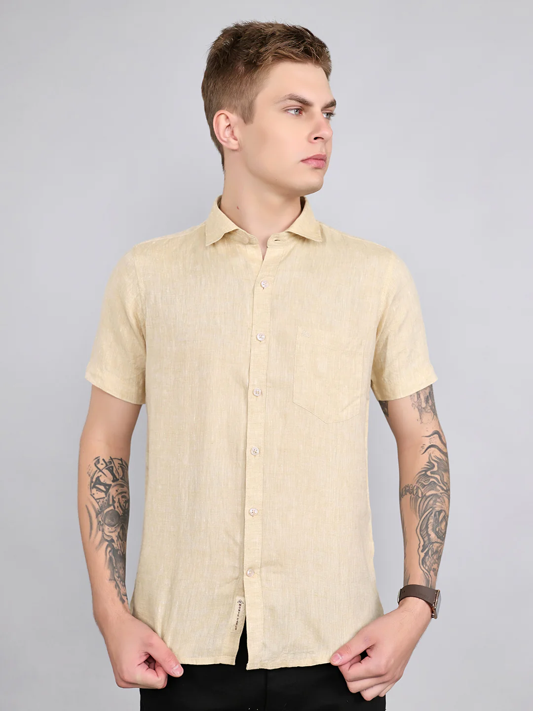 Men Beige Solid Collar Half Sleeve Shirt - Image 4