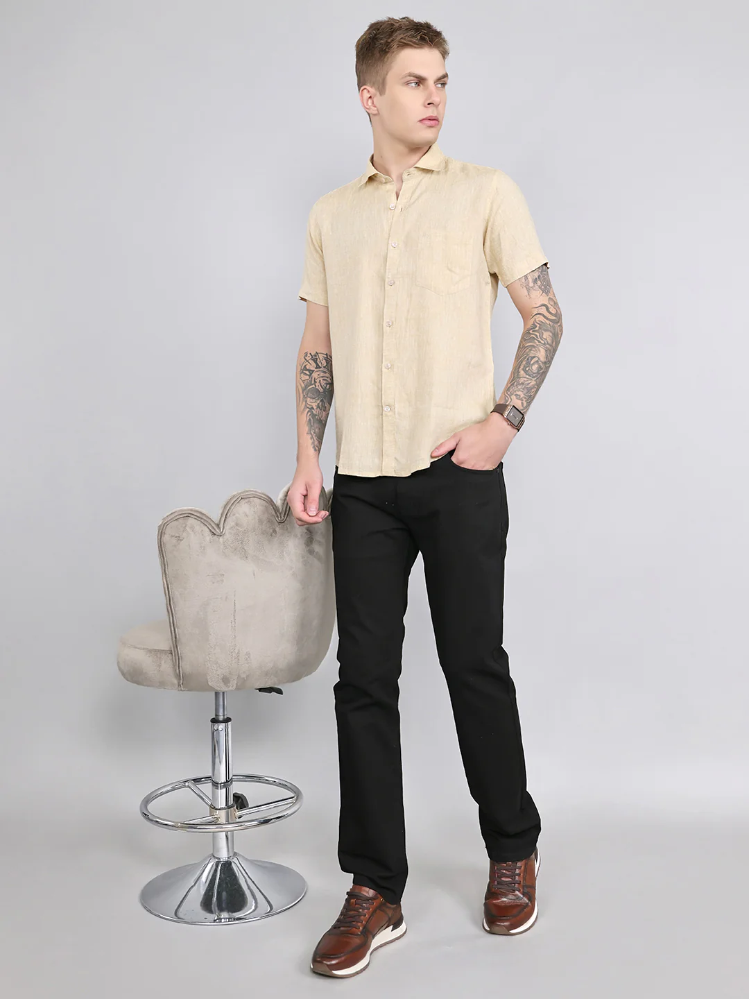 Men Beige Solid Collar Half Sleeve Shirt - Image 6