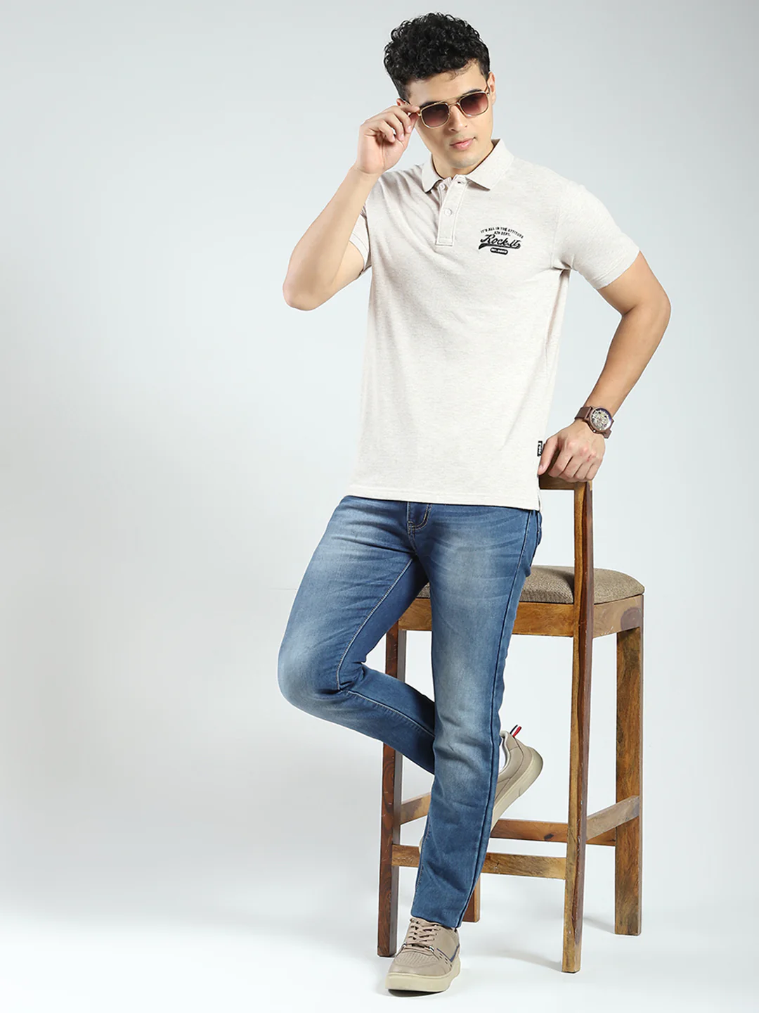 Rock.it Men Beige Solid Collar Half Sleeve T-Shirt - Image 2