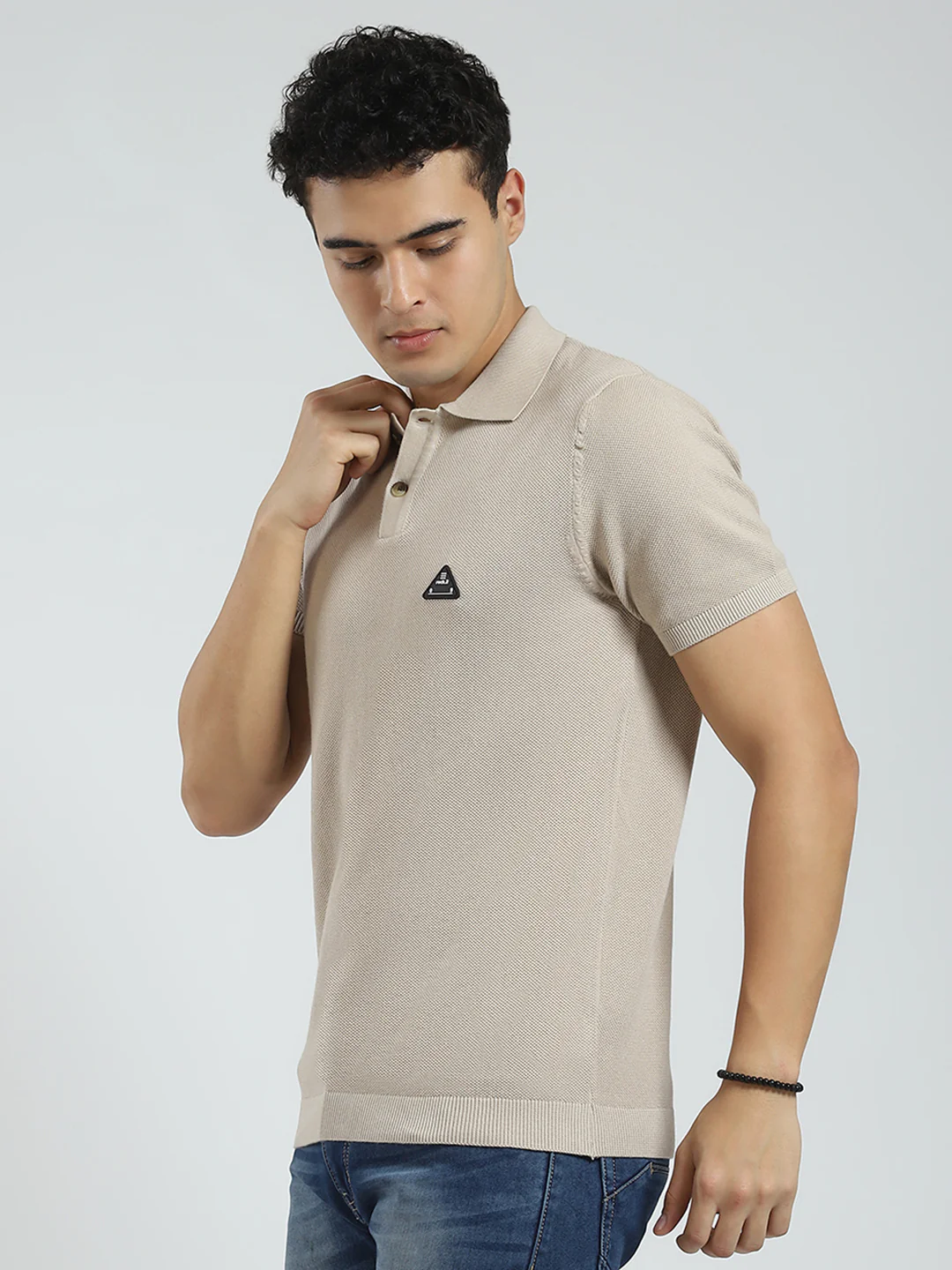 Rock.it Men Beige Solid Collar Half Sleeve T-Shirt - Image 3