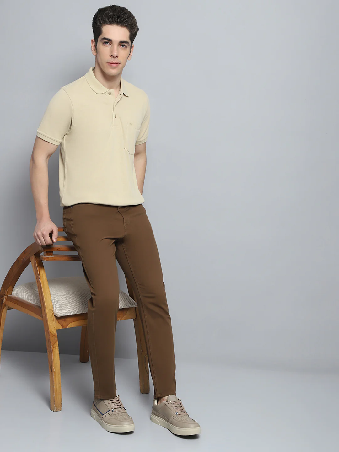 Men Beige Solid Collar Half Sleeve T-Shirt - Image 2