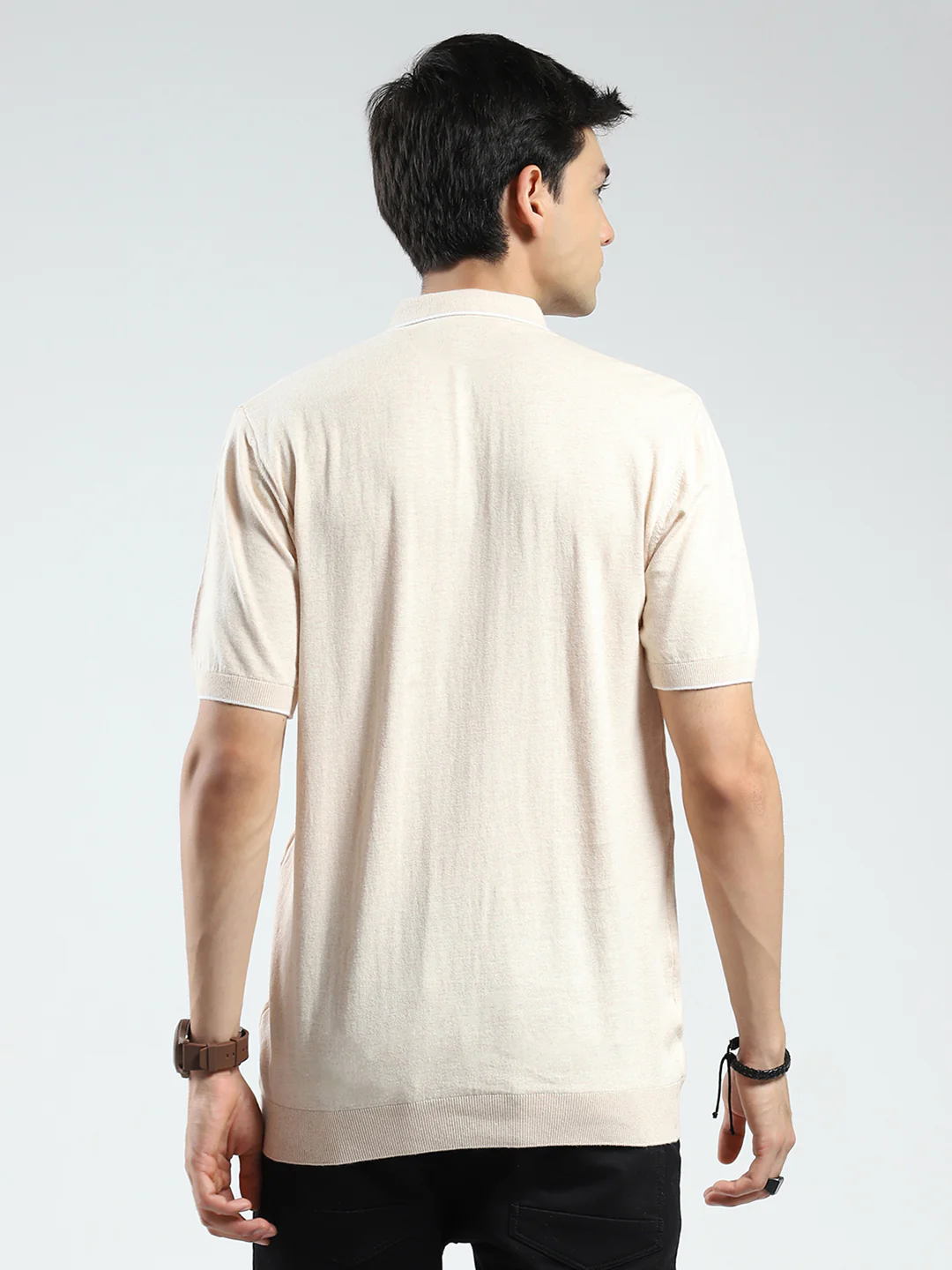Men Beige Solid Collar Half Sleeve T-Shirt - Image 5