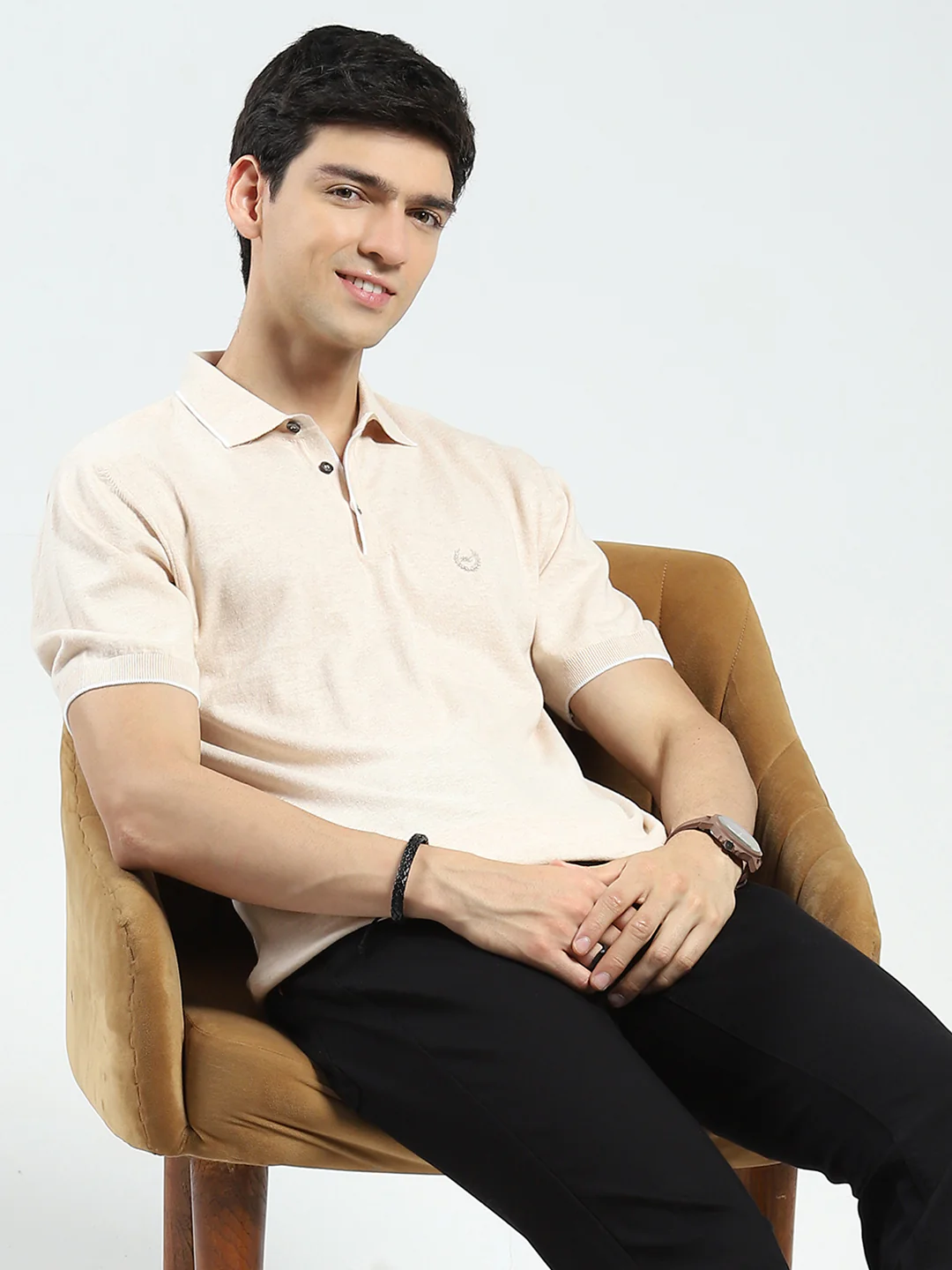 Men Beige Solid Collar Half Sleeve T-Shirt - Image 6