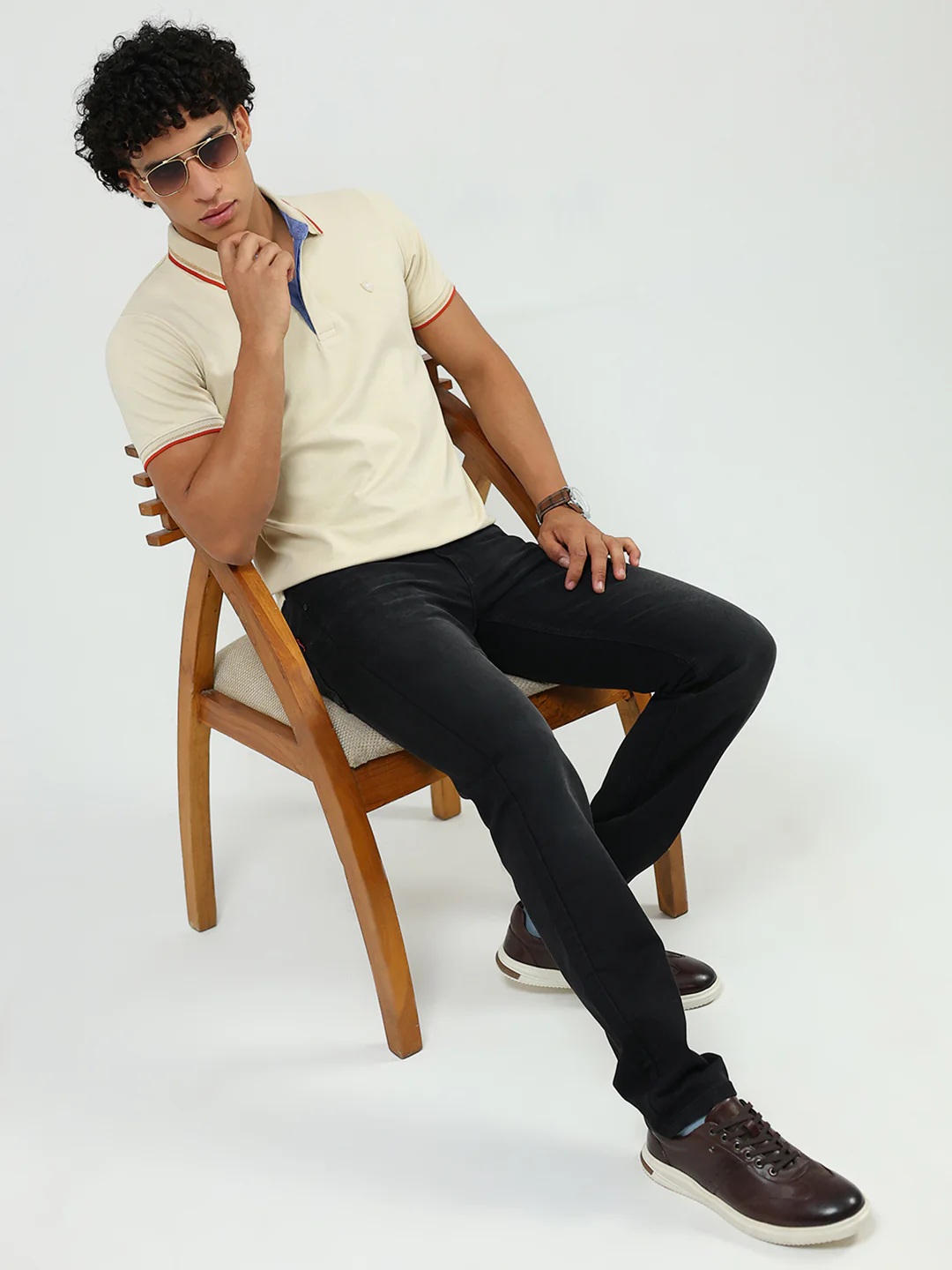 Men Beige Solid Collar Half Sleeve T-Shirt - Image 2