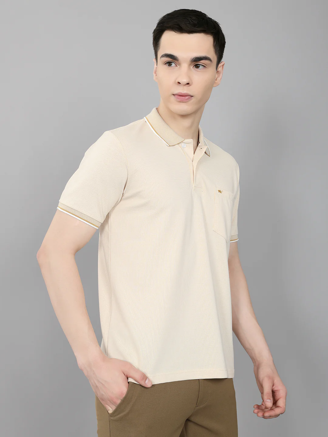 Men Beige Solid Collar Half Sleeve T-Shirt - Image 3
